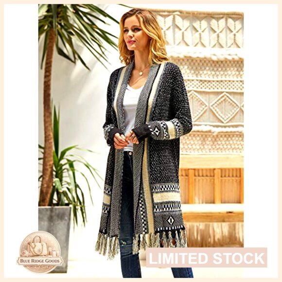 Long Open Front Cardigan Sweater with Tassel Fringe, 100% Acrylic - Picture 4 of 7